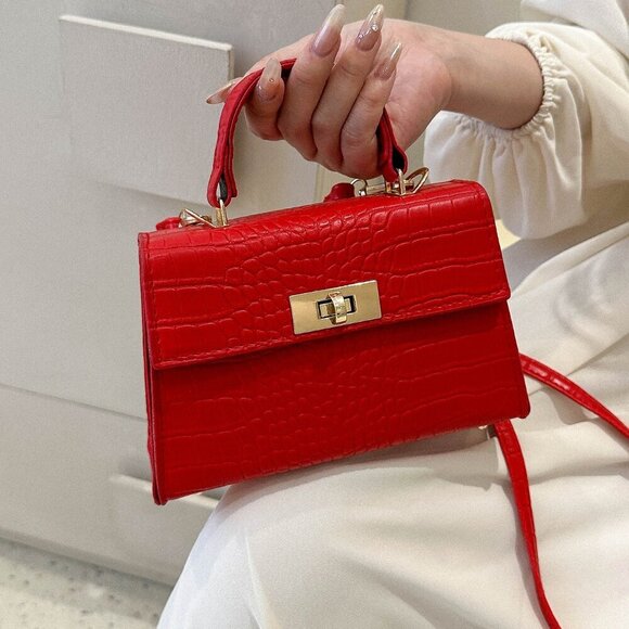 Burgundy Elegant Women's Mini Crocodile Pattern Faux Leather Flap Handbag - Picture 4 of 7